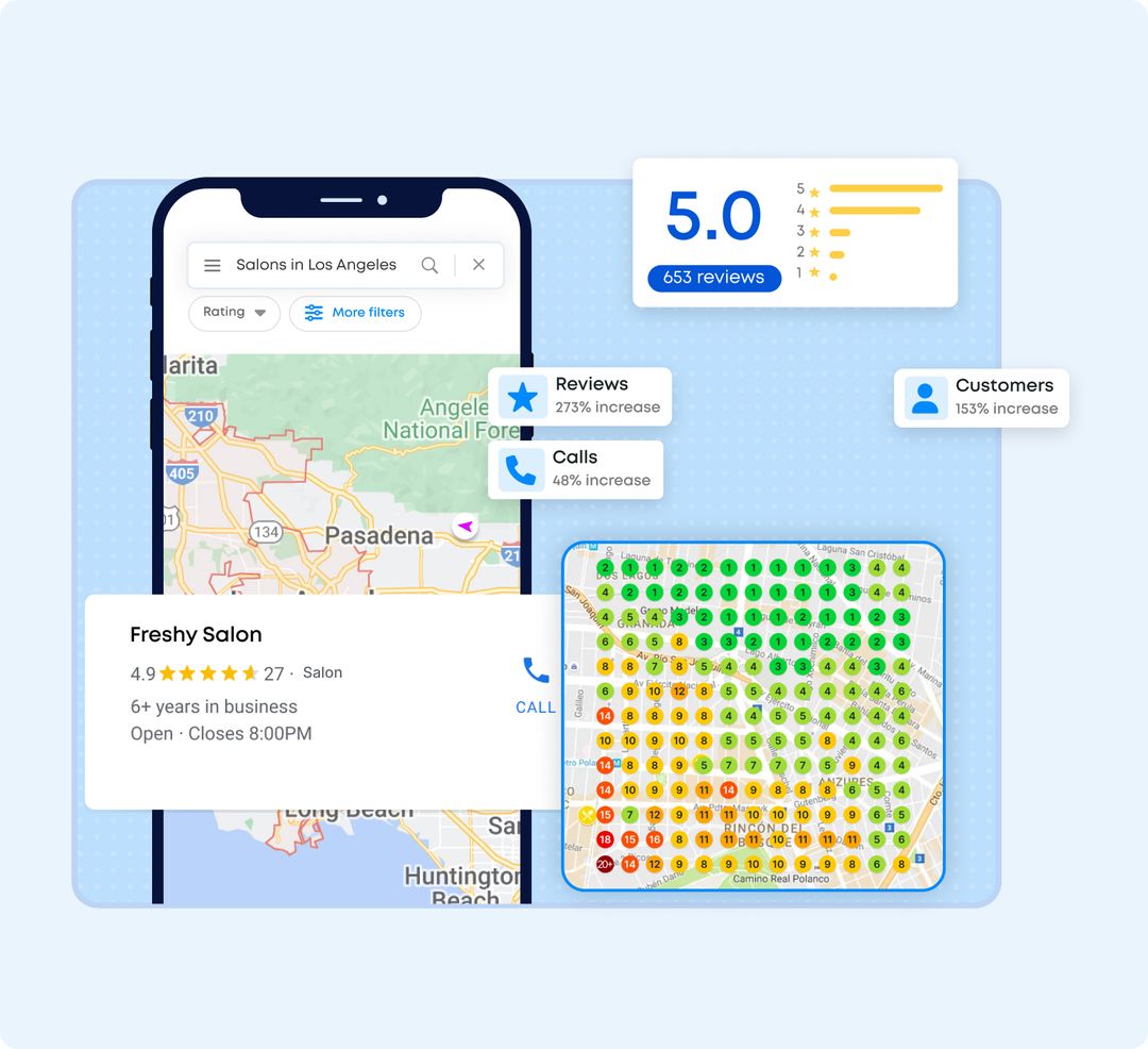 Illustration of local Google search visibility, customer reviews, and a ranking map